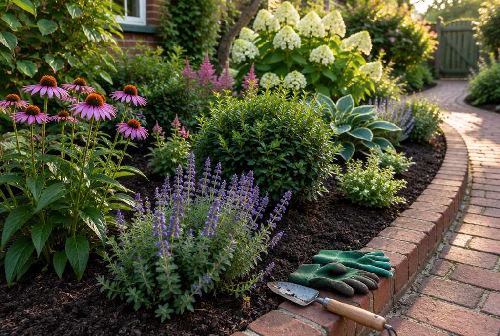 Gepflegtes Staudenbeet mit Gartenhandschuhen und Pflanzkelle am Klinkerweg