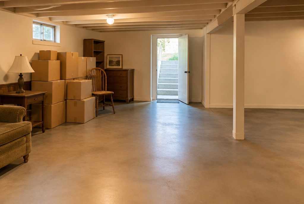 Kellerraum bei der Entrümpelung, Kartons gestapelt, halber Raum schon leer
