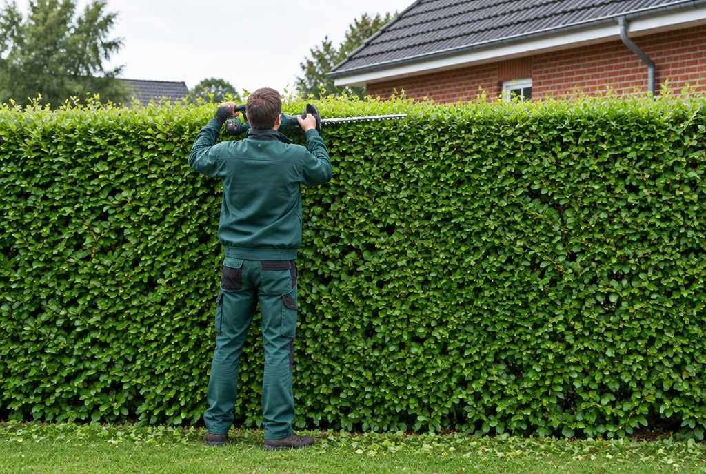 Gärtner in grüner Arbeitskleidung schneidet eine hohe Buchenhecke