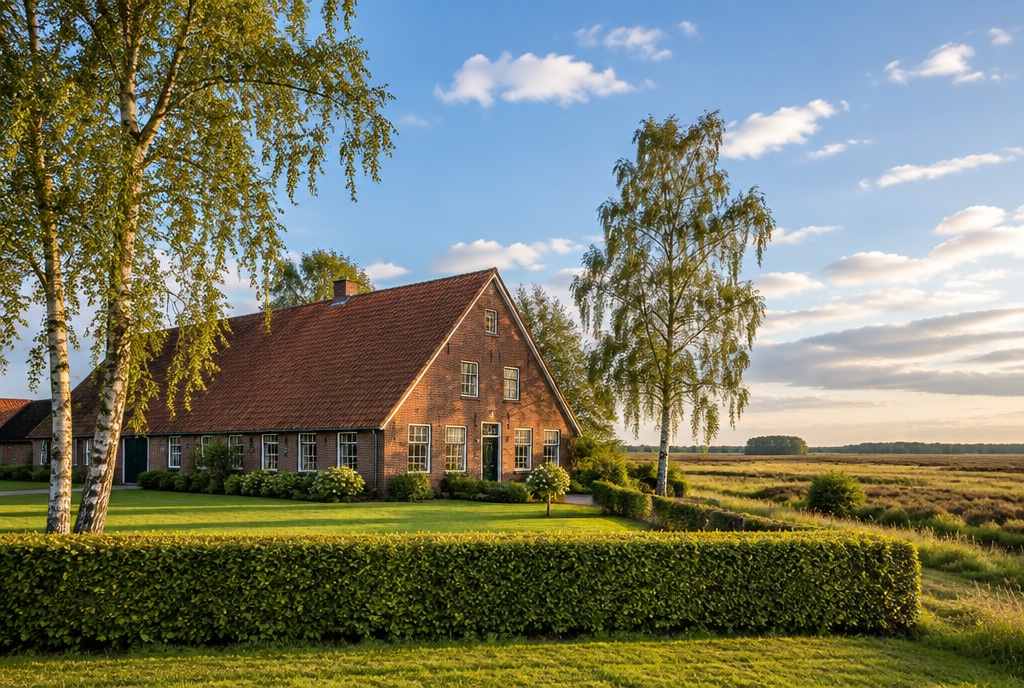 Klinkerhof mit gepflegtem Rasen, Hecke und Birken in der flachen Landschaft des Saterlands