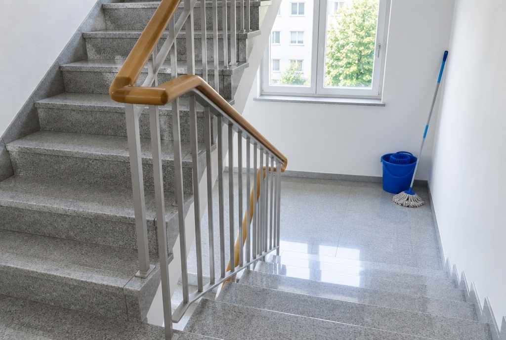 Frisch gewischtes, helles Treppenhaus mit Wischeimer am Treppenabsatz