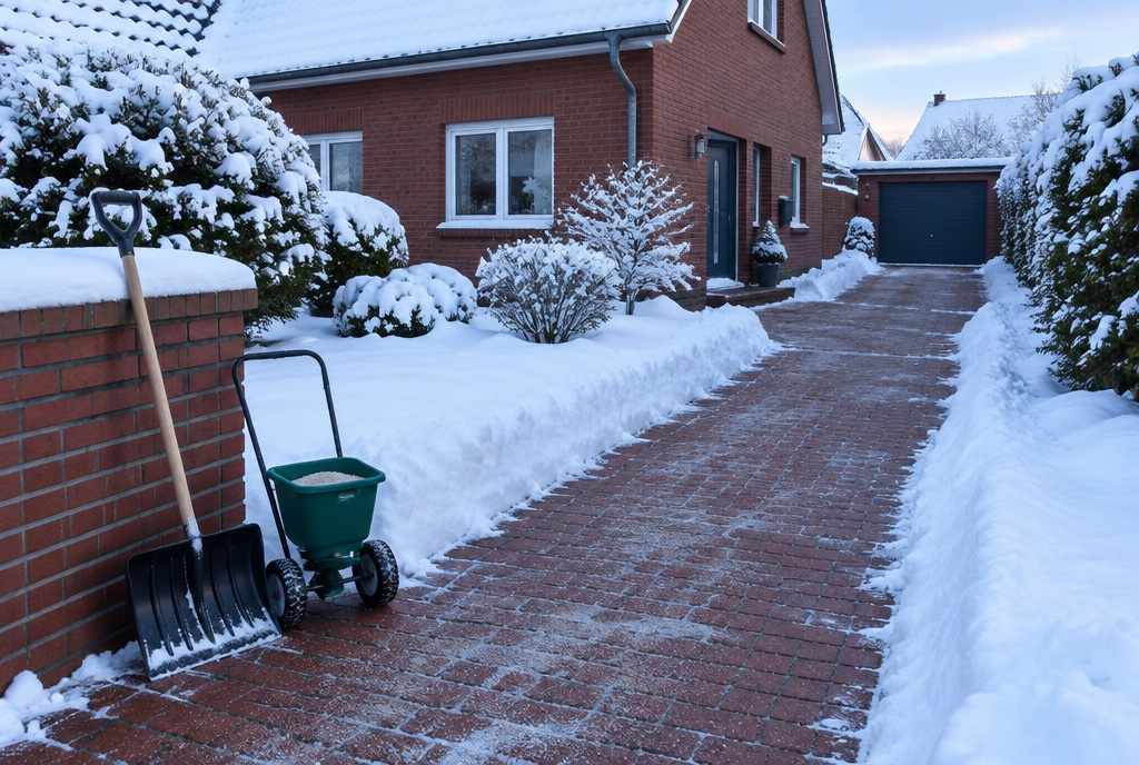 Geräumter und gestreuter Klinkerweg vor einem verschneiten Backsteinhaus, daneben Schneeschieber und Streuwagen